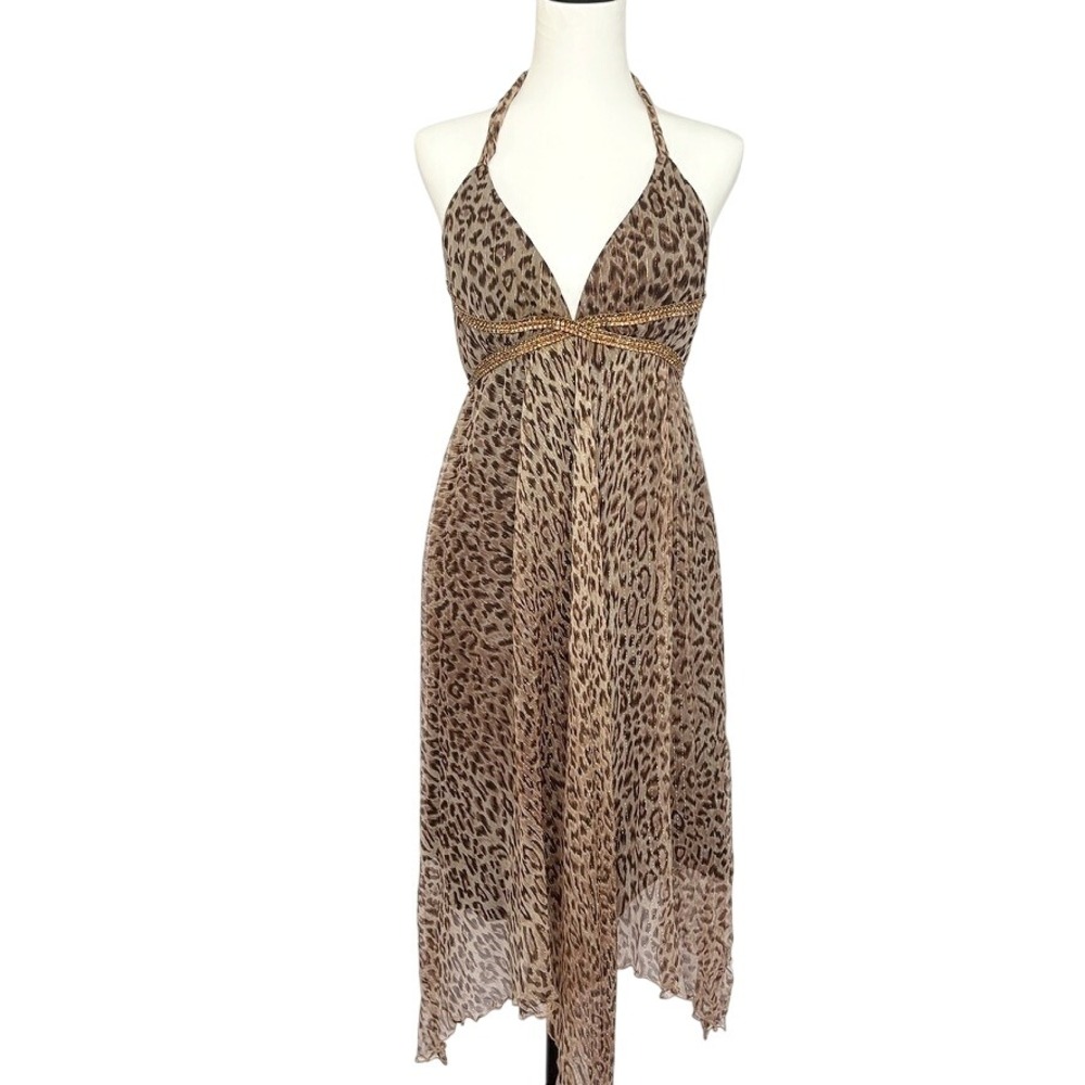 VTG y2k 100% Silk ABS‎ Allen Schwartz Leopard Print Embellished Midi Event Dress